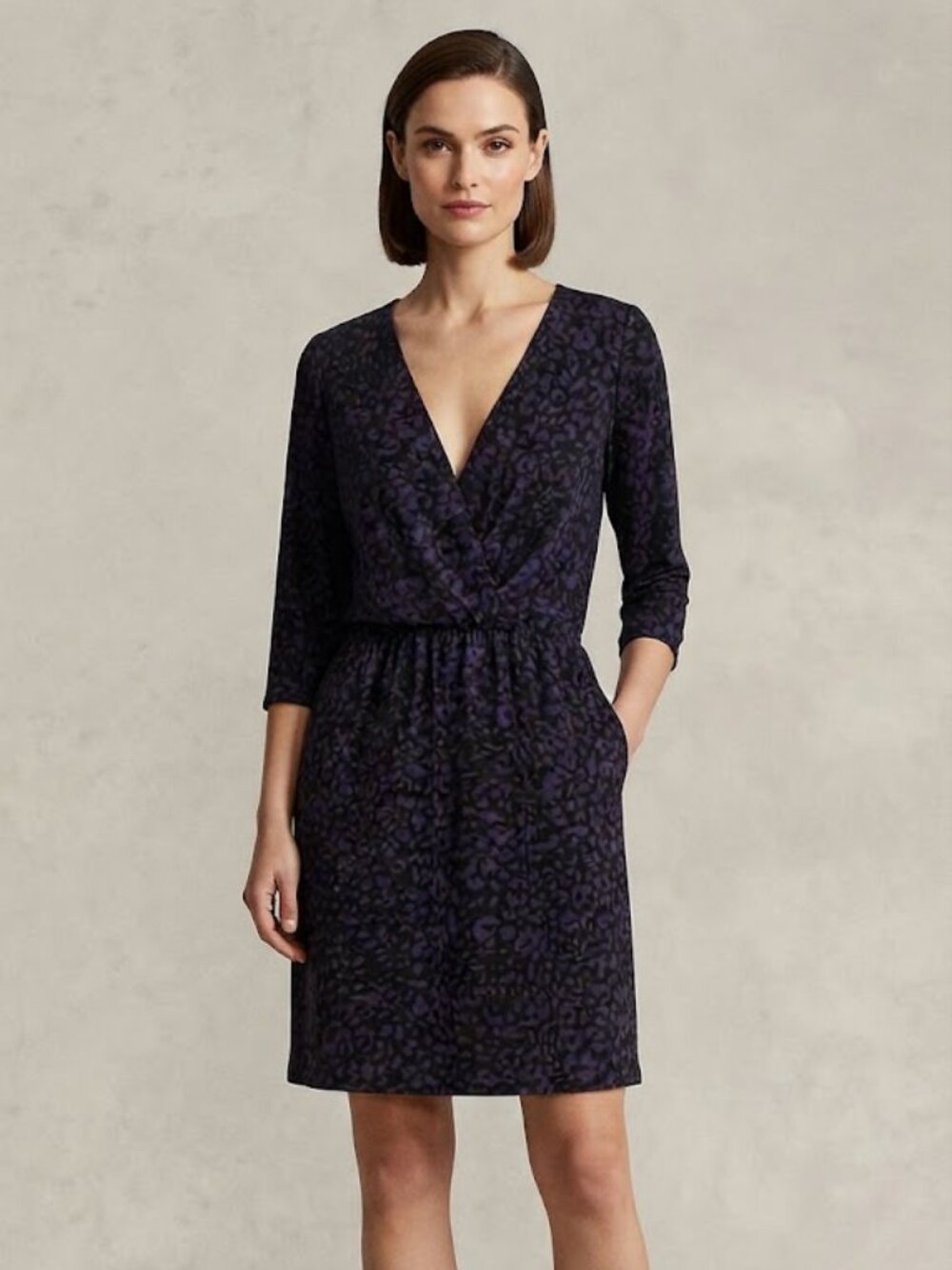NWT Ann Taylor LOFT Purple Black Leopard Print V Neck 3/4 Sleeve Dress Size 14